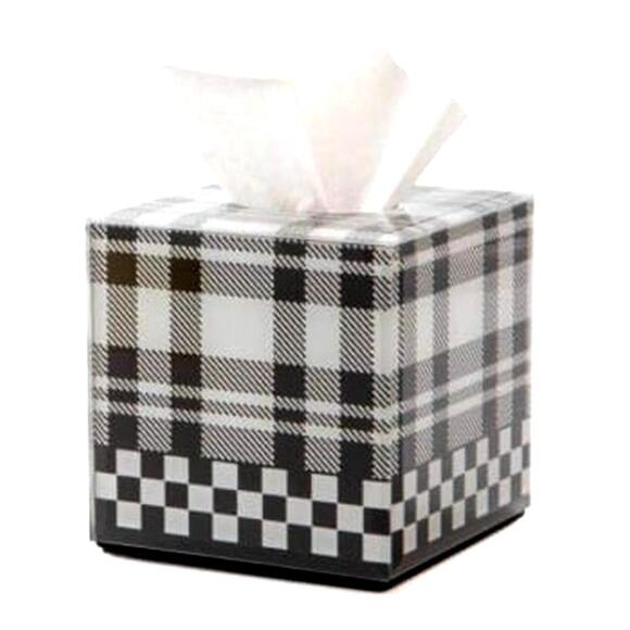MACKENZIE-CHILDS Black & White Tartan Boutique Tissue Box Cover Square NEW